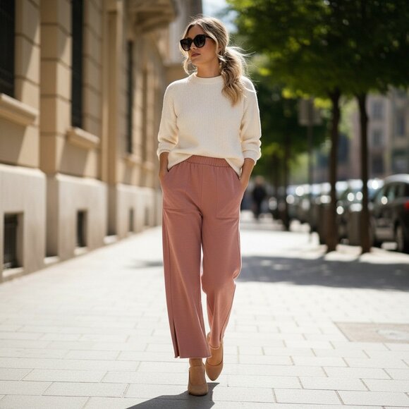 Wide linen pants with side slit - Elasticated waistband - Picture 3 of 3